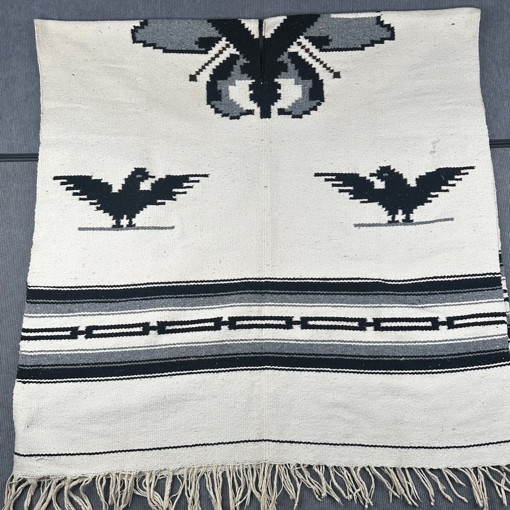 Vintage Mexican Thunderbird Poncho Woven Geometric Fringe Cream Black Grey